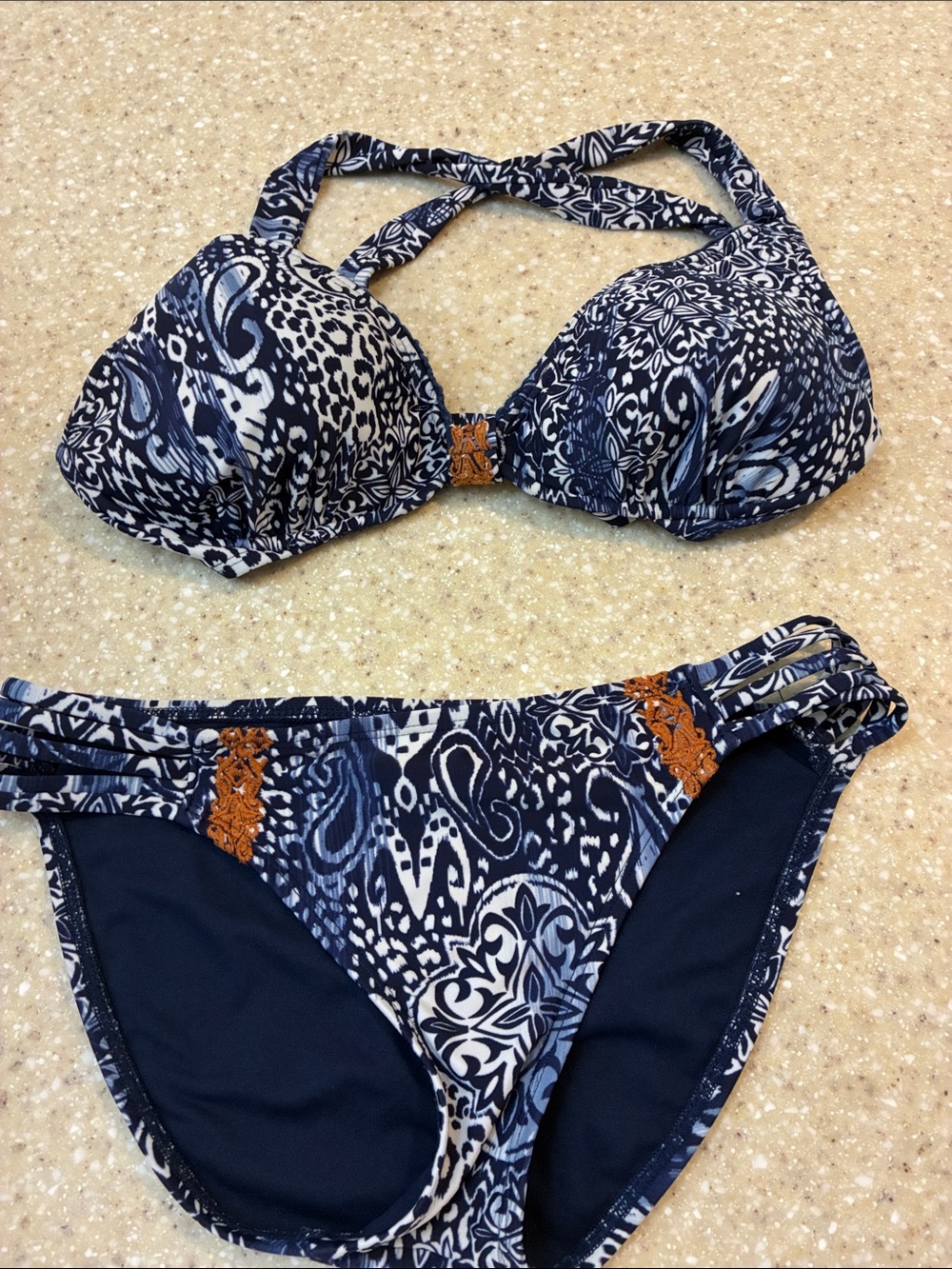 Lucky Brand Navy and White Printed Bikini with Tan Accents